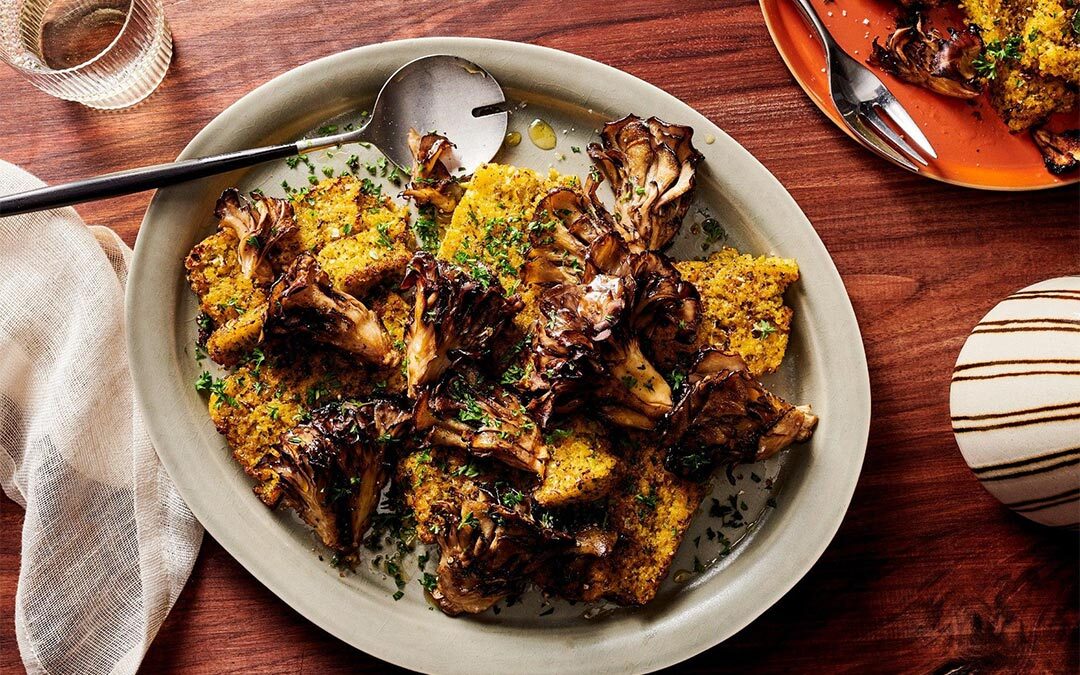 Baked Broccoli Polenta with Roasted Mushrooms