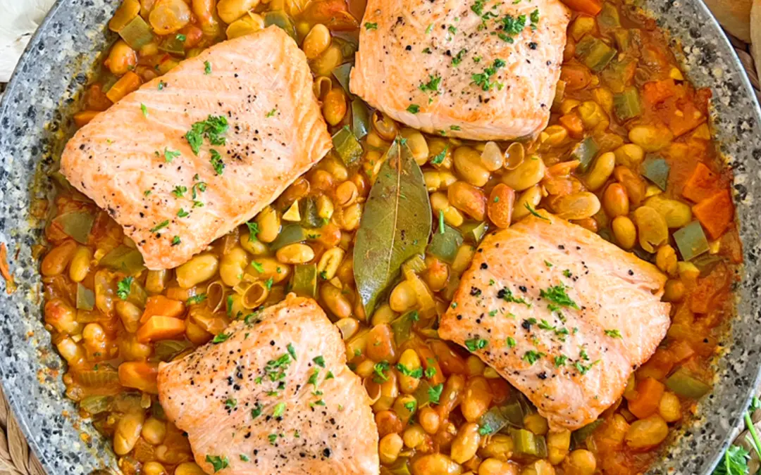 One Pan Spanish Salmon Beans