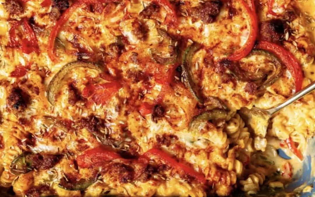 Baked Macaroni and Cheese with Sausage and Peppers